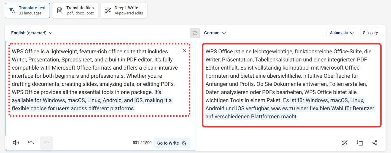 Pasting text into DeepL and viewing instant translation