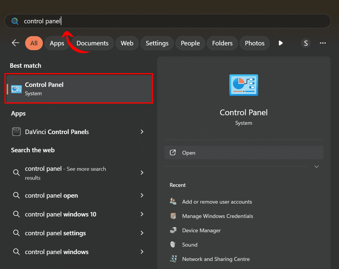 Click on Control Panel