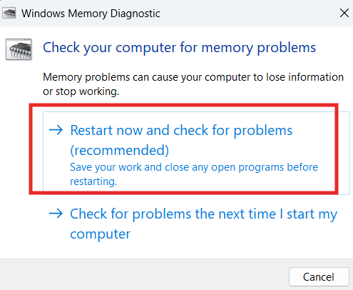 Windows Memory Diagnostic window