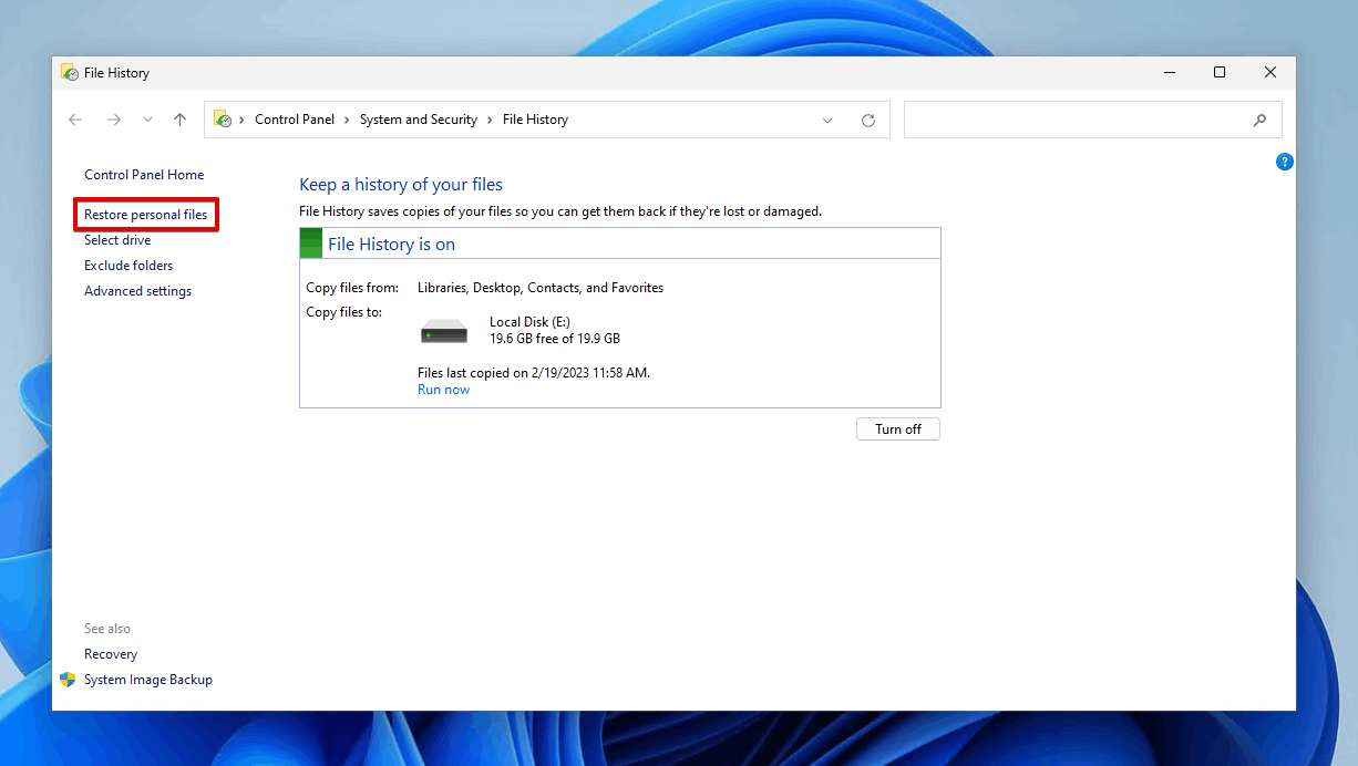 Click “Restore personal files,”