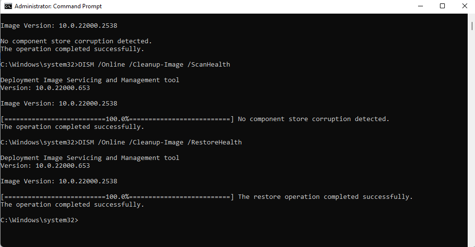 Restore operation finished successfully