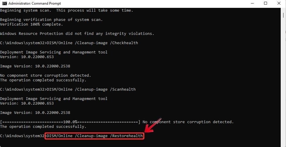Run RestoreHealth Command