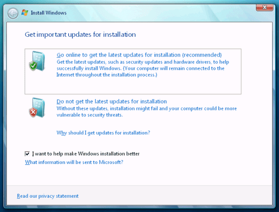 Choose updates option