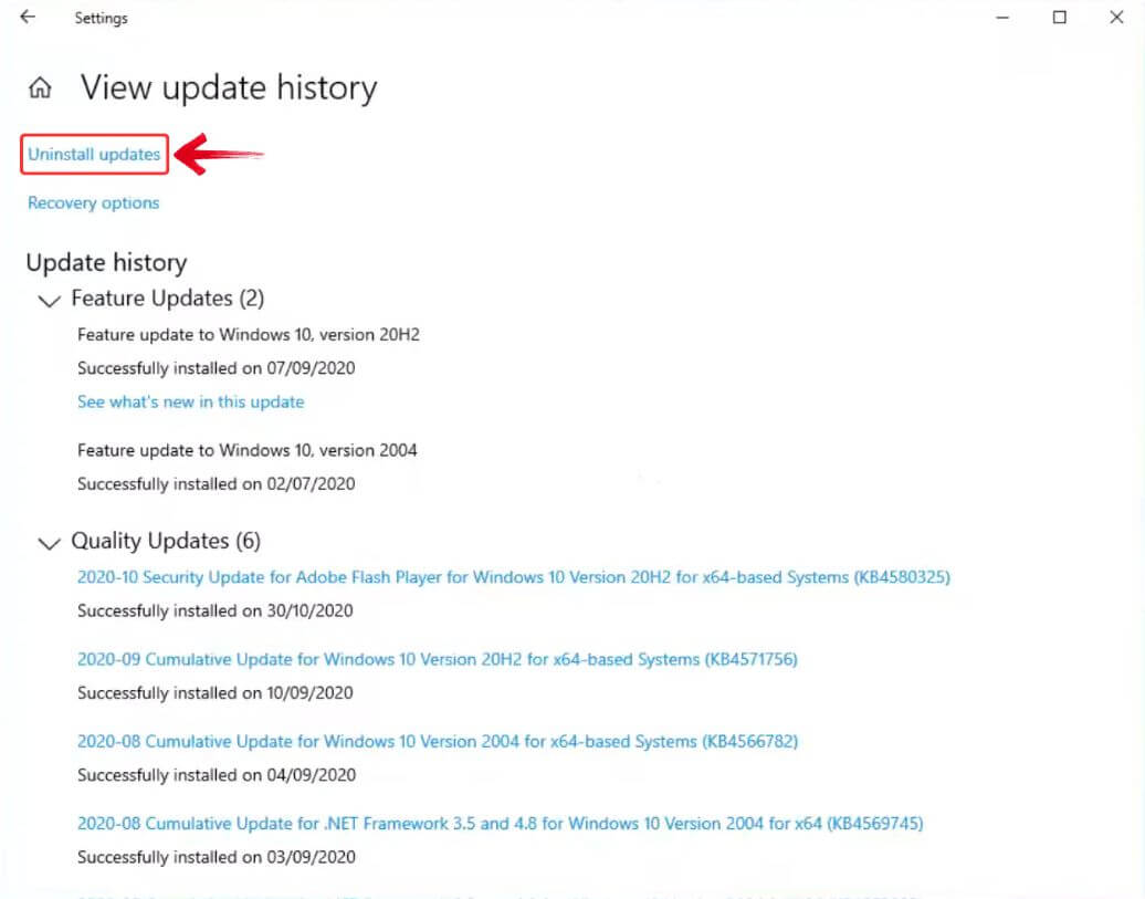 Select Uninstall updates