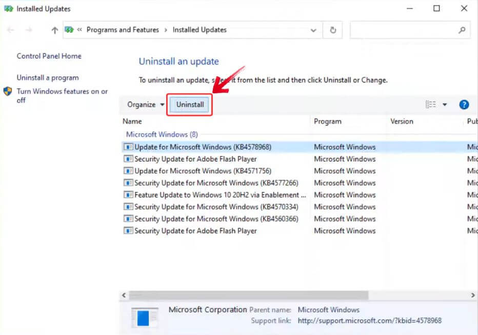 Uninstall Update on Windows 10