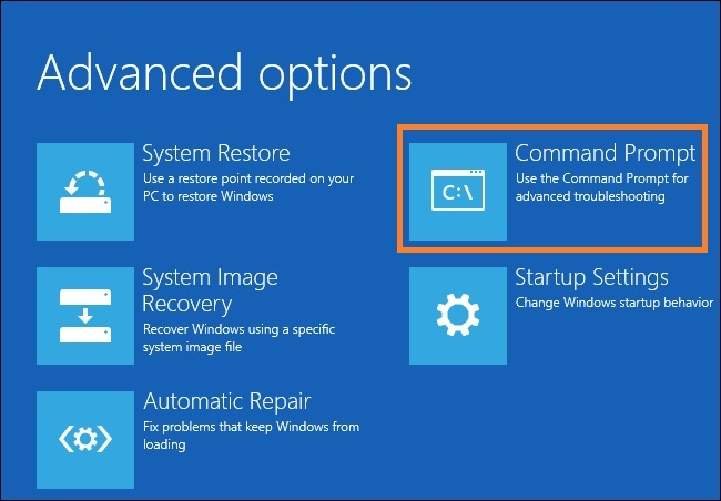 Navigate to Troubleshoot → Advanced Options → Command Prompt