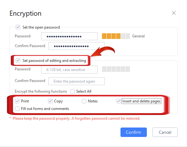 Imposta una password per la modifica e l'estrazione per PDF