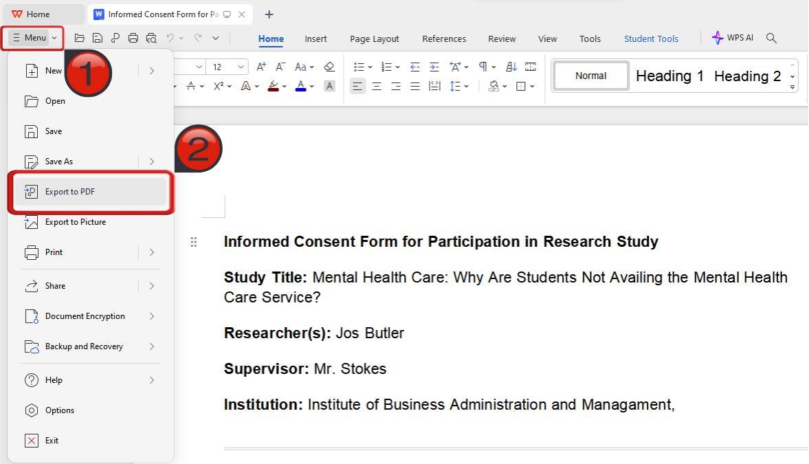Menu WPS Writer