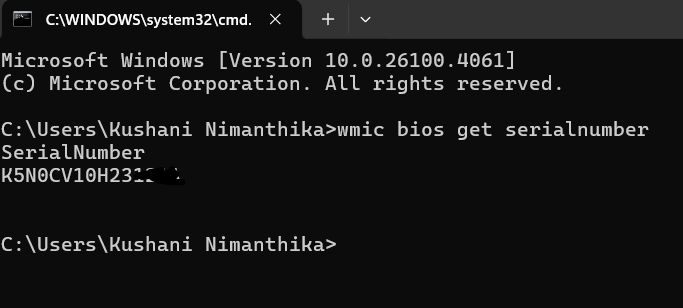 serial number using the cmd prompt