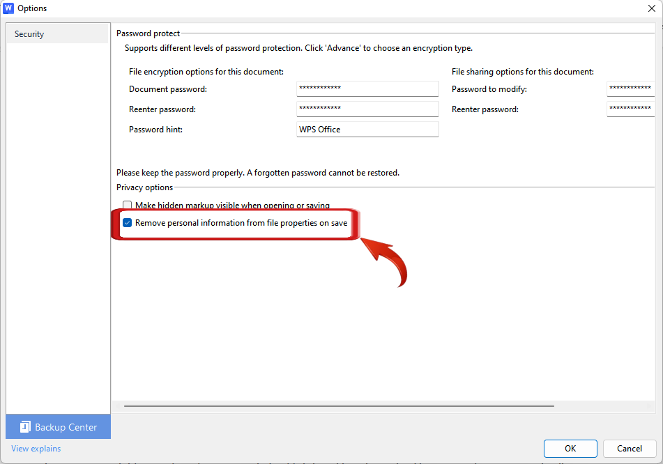 Opzioni sulla privacy di WPS Office