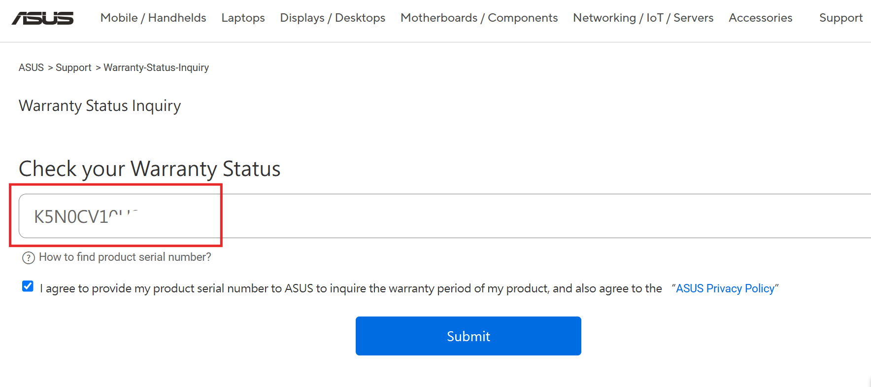 ASUS warranty status via official website