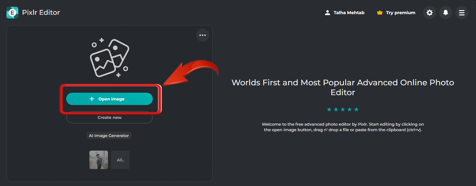 Nahrajte obrázok do Pixlr Editora