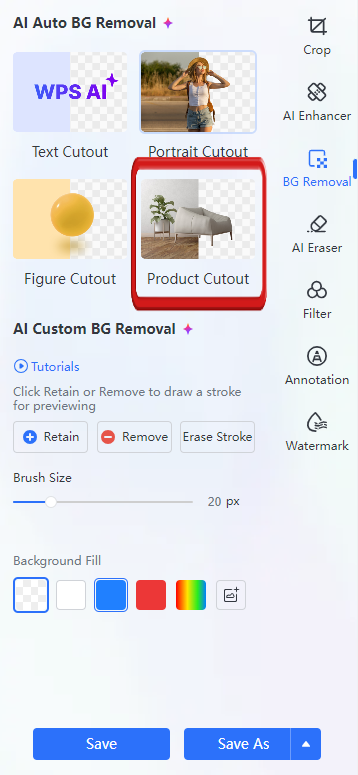 Možnosť odstránenia pozadia na WPS Photos