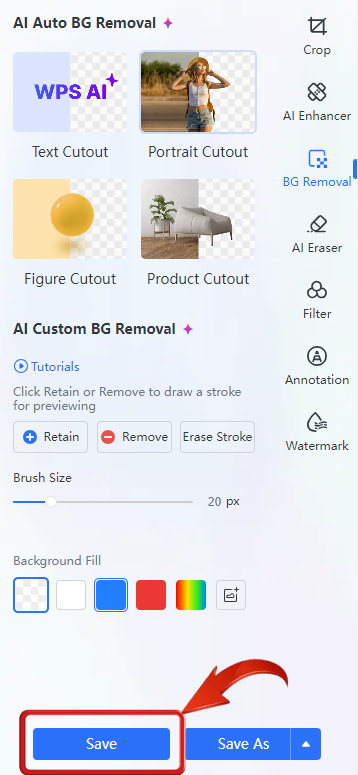 Uložiť obrázok po odstránení pozadia na WPS Photos