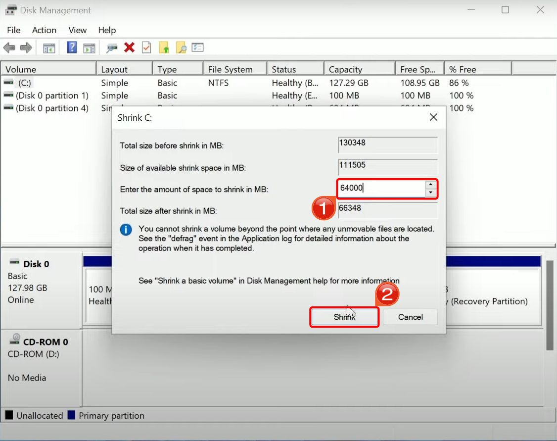 Shrinking partition to free up space