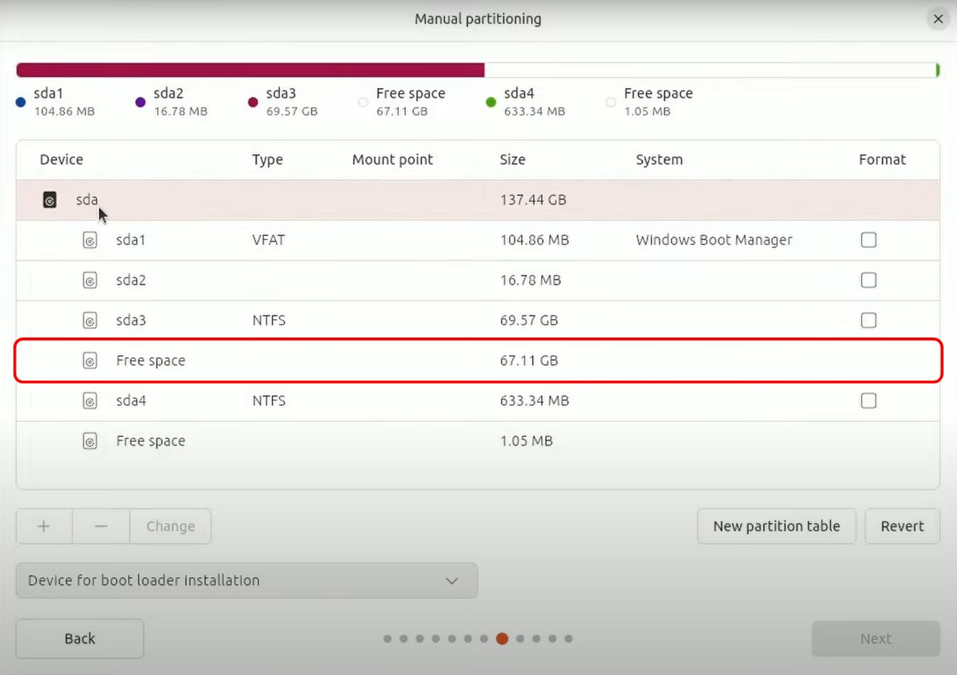 Selecting space for your Ubuntu install