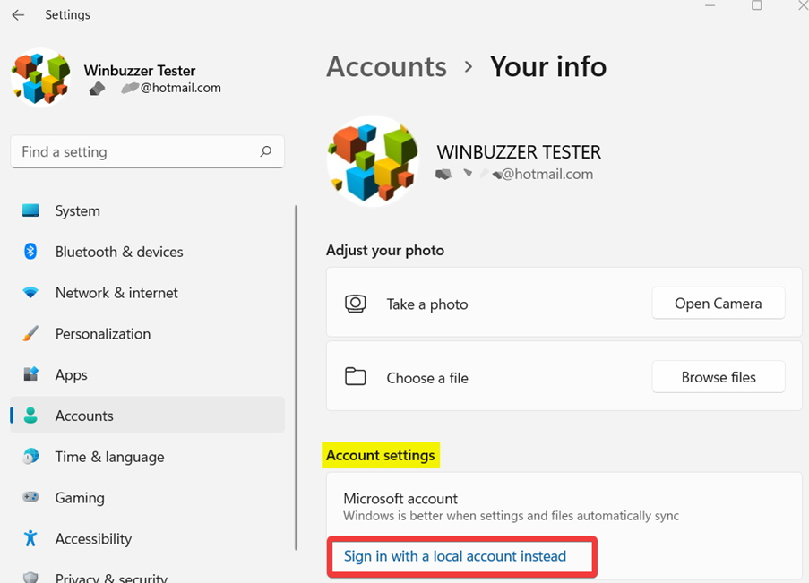 Choosing a local account instead of a Microsoft account in Windows settings