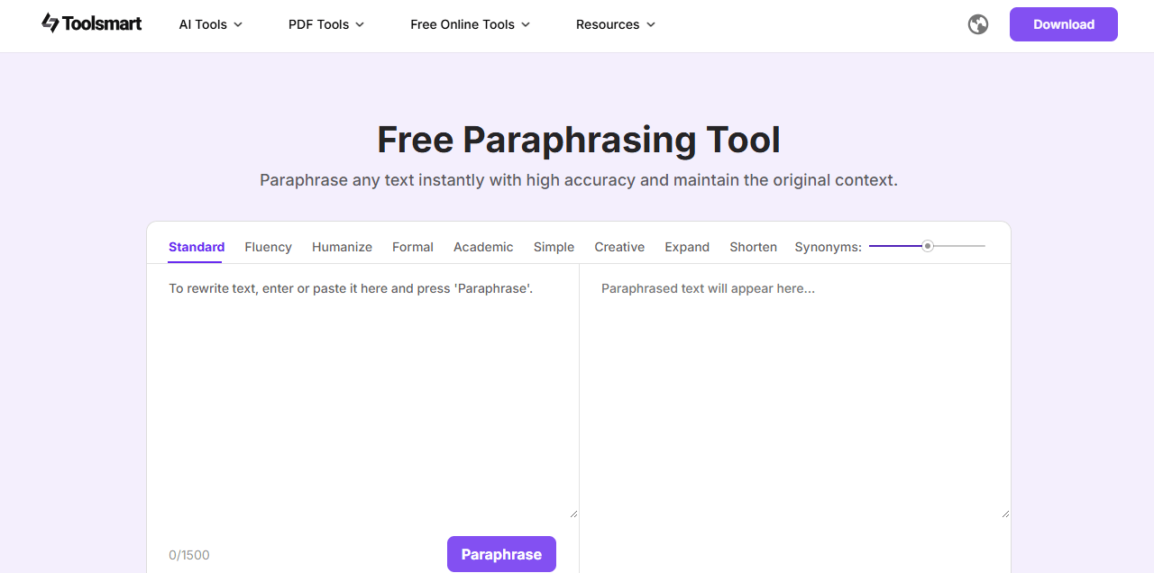Toolsmart의 Paraphrasing tool 인터페이스