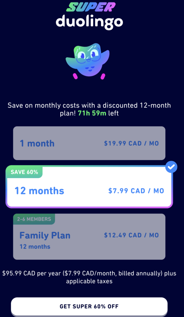 Duolingo Super subscription plan