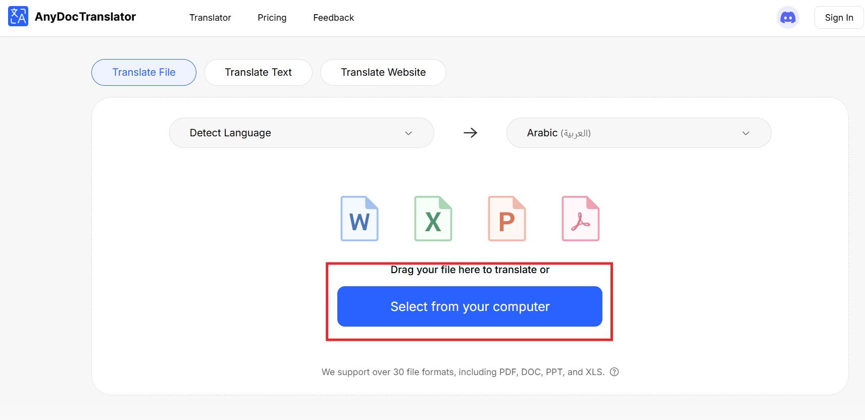 AnyDoc Translator Upload your file