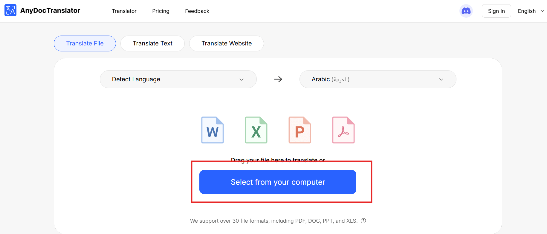 Uploading a document on AnyDoc Translator