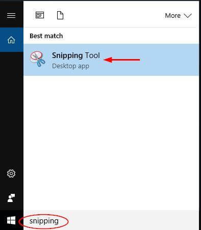 Image showing how to search for Snipping Tool on the Start menu
