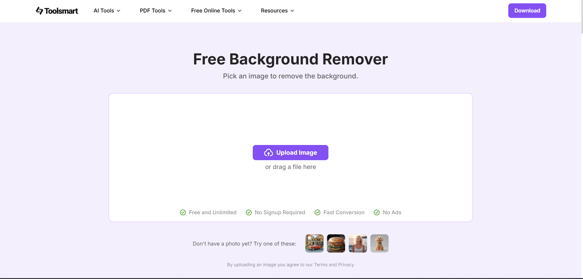 Toolsmart Free Background Remover Home Page