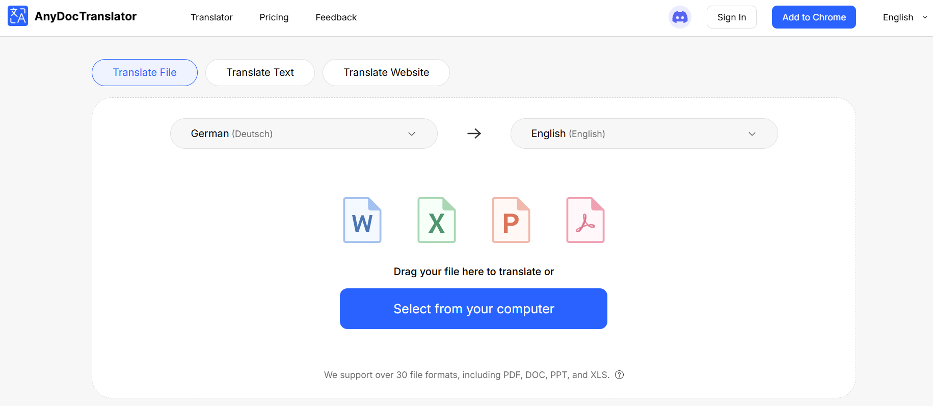  Homepage of AnyDoc Translator showing file upload option