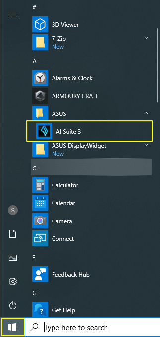 Launch AI Suite 3 from the Start Menu