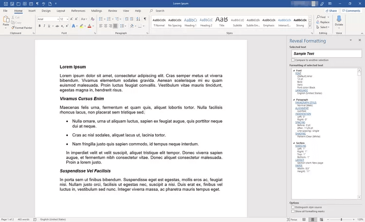 Reveal formatting panel
