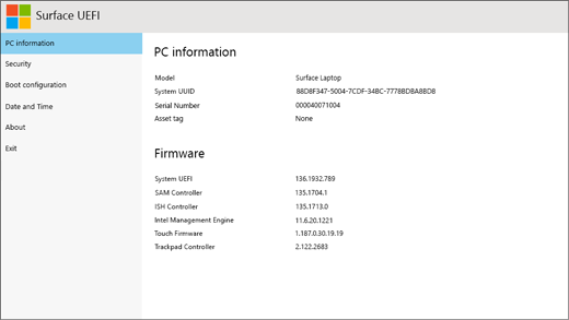 Surface UEFI Settings