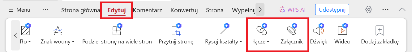 WPS PDF Dodaj załączniki i linki