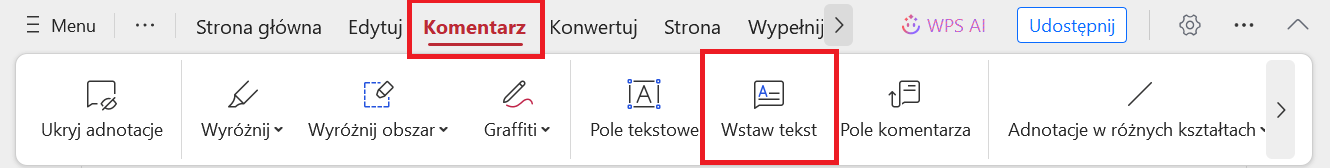  Przycisk Komentarza Tekstowego w WPS PDF