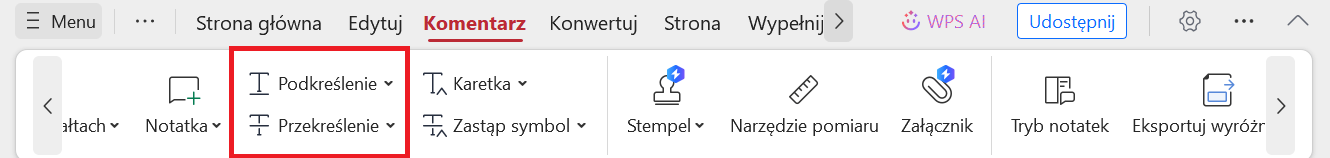 Podkreślenia i przekreślenia WPS PDF