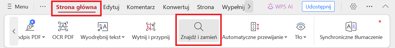  Przycisk Znajdź i Zamień w WPS PDF