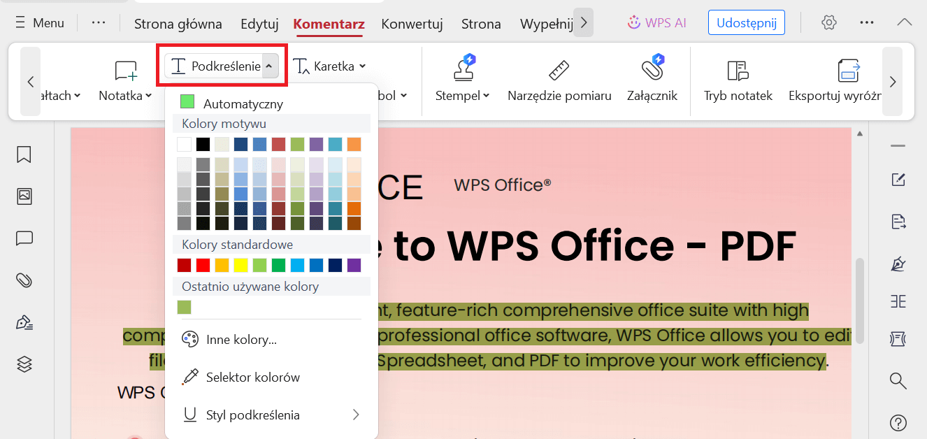 Zmień kolory podkreślenia