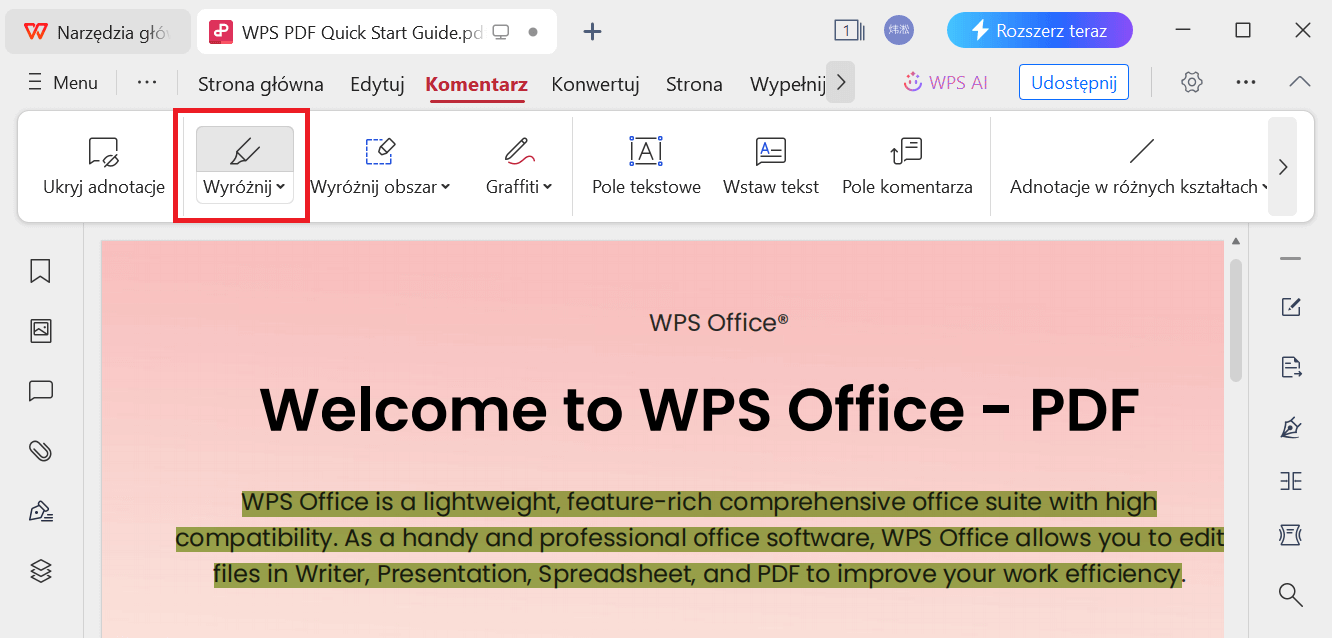 Wyróżnianie tekstu w WPS PDF