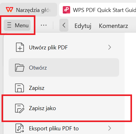 Opcja Zapisz jako w WPS PDF