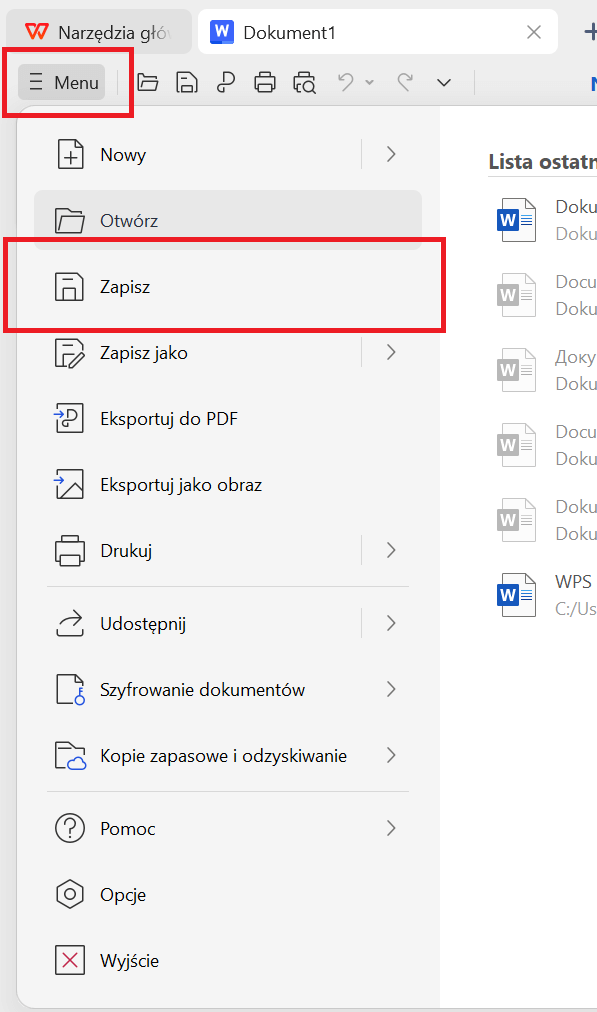 WPS Office zapisz plik