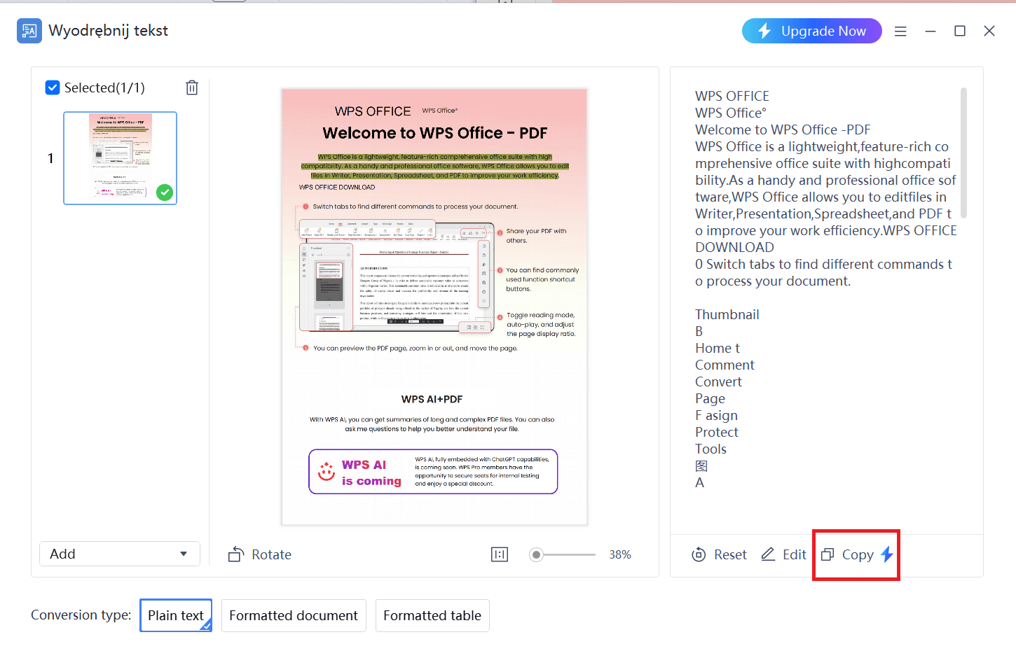 Skopiuj wyodrębniony tekst w WPS PDF