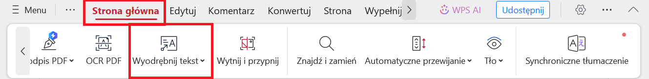 Narzędzie Wyodrębnij tekst w WPS PDF