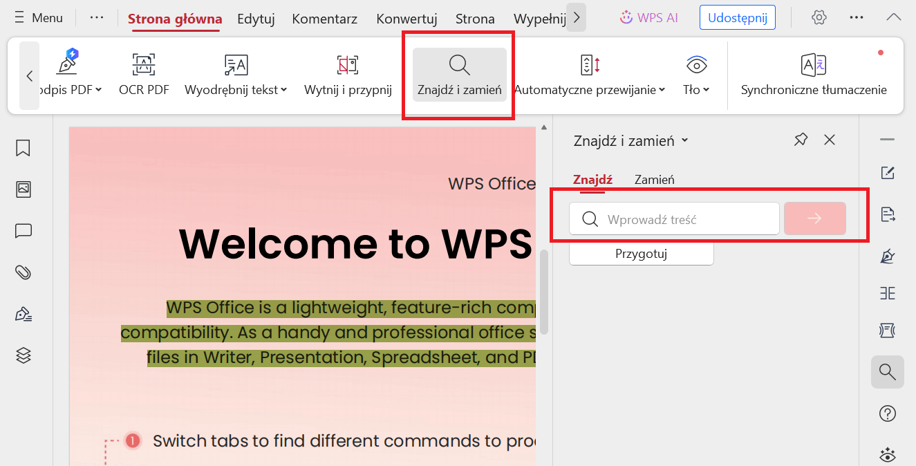 Narzędzie Znajdź i Zamień w WPS PDF