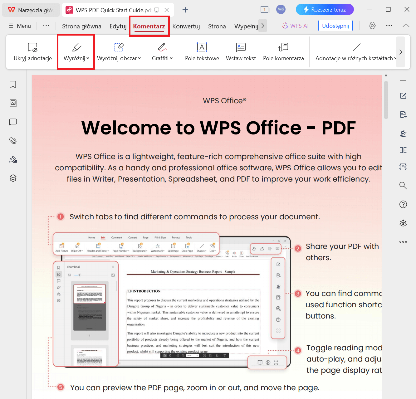 Narzędzia do adnotacji i wyróżniania w WPS PDF