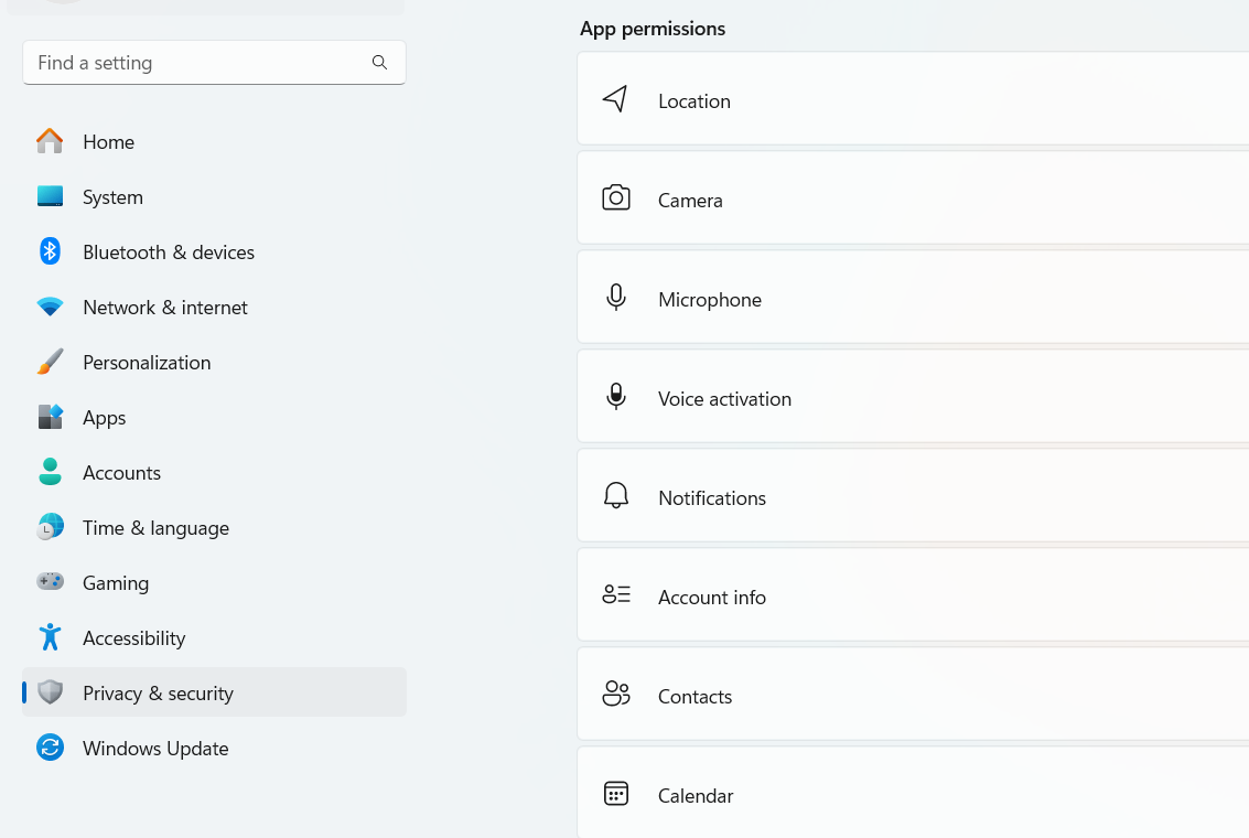 Go to Privacy, then click on Camera from the sidebar