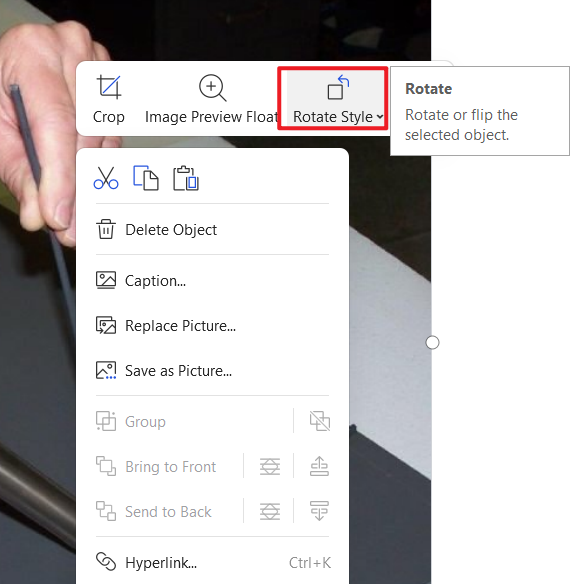 Rotating an image using drag handle in WPS Office