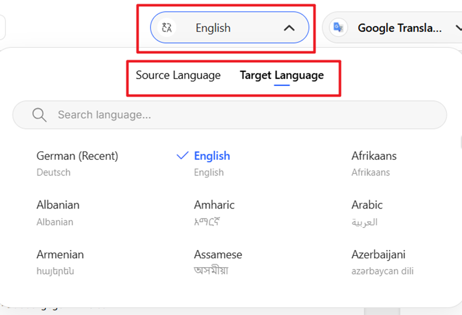 Language selection dropdown
