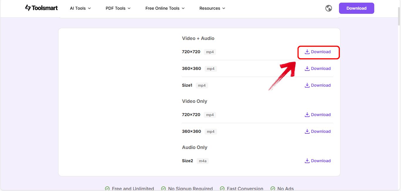 Facebook Video Downloader by Toolsmart showing video quality options