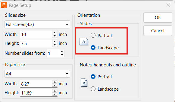 Selecting portrait orientation in WPS Presentation slide layout