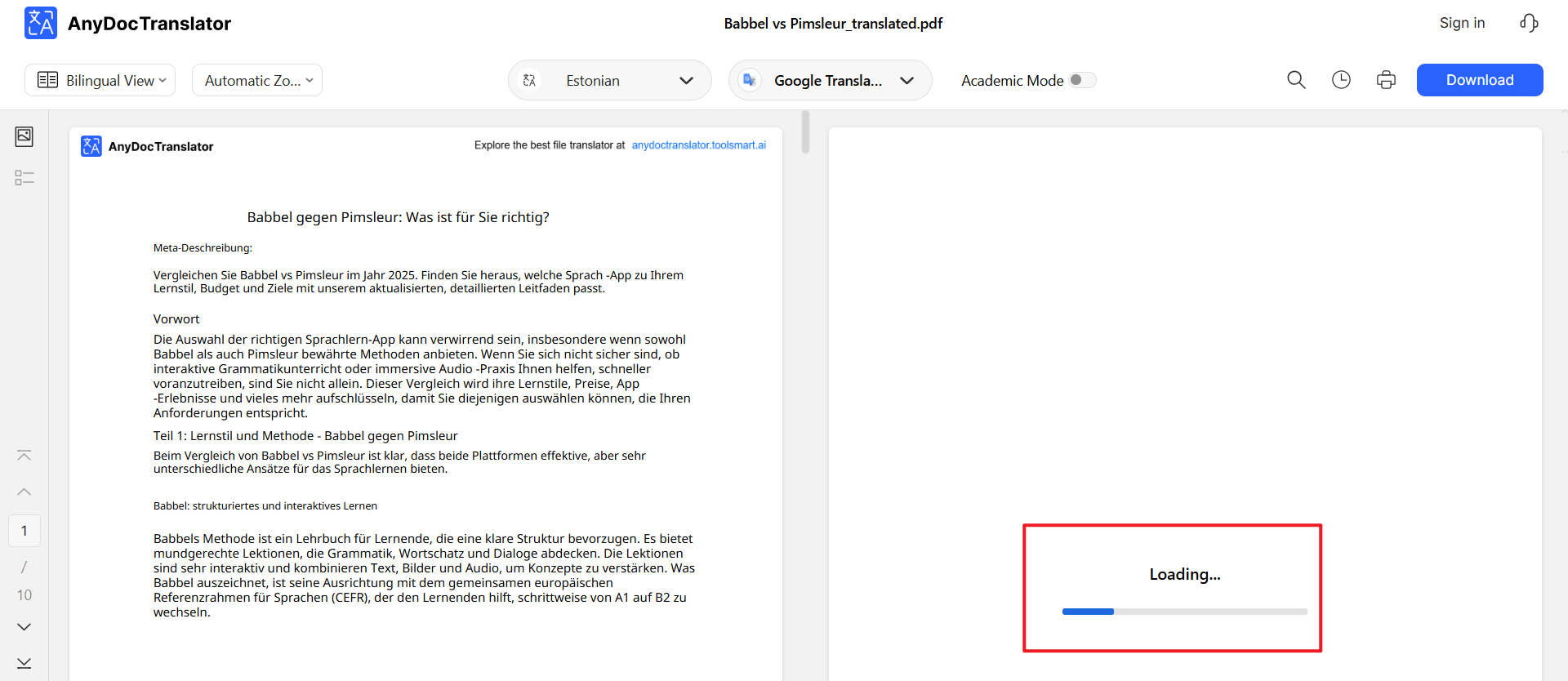  Progress bar showing translation in the process