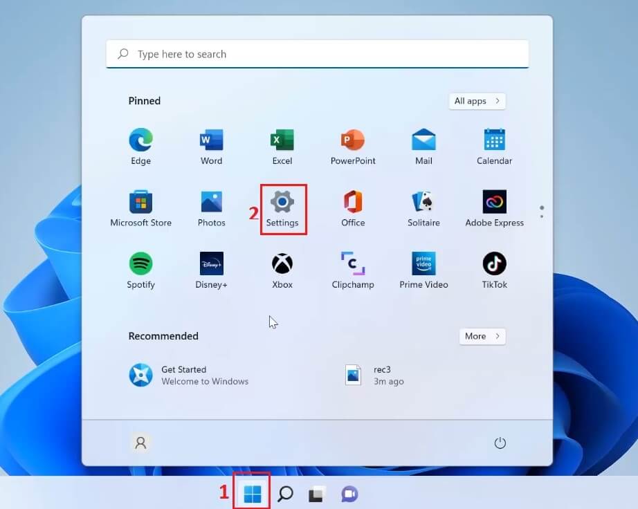 Click the Start menu and select the Settings option.